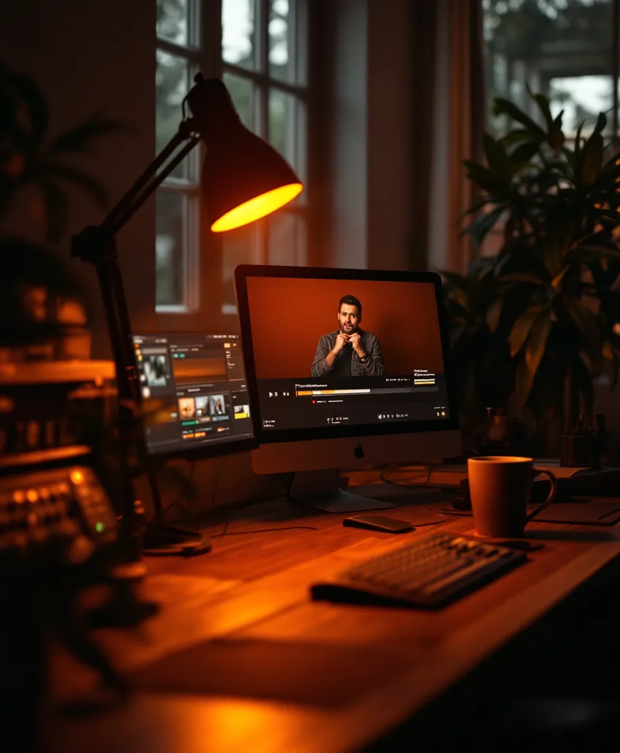 A warm studio desk where founder interviews get cut, lit by an amber lamp